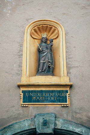 Statue of Maria holding Jesus at Liebfrauenkirche (German for Church of Our Lady) - the earliest Gothic church in Germany and falls into the architectural tradition of the French Gothic cathedrals.の写真素材