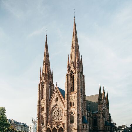 Saint Paul's Church in the evening, Strasbourg, Alsace, Franceの写真素材