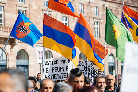 STRASBOURG, FRANCE - OCT 4, 2015 Demonstrators protesting against Turkish President Recep Tayyip Erdogan's visit to Strasbourg - Justice for Armenian Peopleのeditorial素材