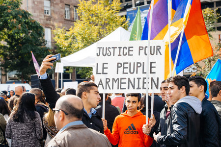 STRASBOURG, FRANCE - OCT 4, 2015 Demonstrators protesting against Turkish President Recep Tayyip...