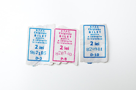 PARIS, FRANCE - JANUARY 14, 2015: Three troleybus tickets issued by Electric Transportation Network from Chisinau, Moldova, Eastern Europeのeditorial素材