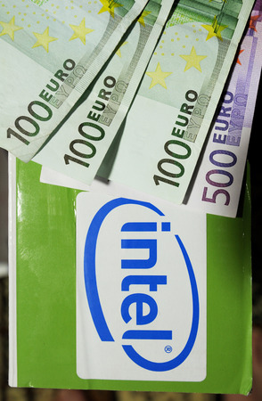 PARIS, FRANCE - FEBRUARY 6, 2011: Intel logotype on a new computer box with eight hundred  euro aboveのeditorial素材