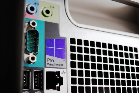 LONDON, UNITED KINGDOM - JUNE 30, 2014: Windows 8 Pro logo on a powerful Dell workstation server line. Windows 8.1 is one of the most used operating system in the worldのeditorial素材