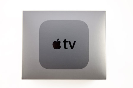 PARIS, FRANCE - NOV 10, 2015: New Apple TV media streaming  player microconsole by Apple Computers -...