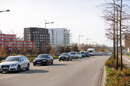 STRASBOURG, FRANCE - NOV 14 2015: French Police checking vehicles on the 'Bridge of Europe' between Strasbourg and Kehl Germany, as a security measure in the wake of attacks in Paris - long traffic jamのeditorial素材