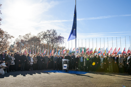 STRASBOURG, FRANCE - NOV 16, 2015: Thorbjorn Jagland - Secretary General of the CE and Council of Europe employees during the minute of silence in tribute to the victims of the attacks in Paris which left at least 129 people deadのeditorial素材
