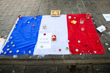 STRASBOURG, FRANCE - NOV 16, 2015: Love wins, messages, candles and flowers are left around General Kleber statue in memorial for the victims of the Paris Attacks.のeditorial素材