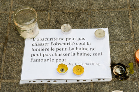 STRASBOURG, FRANCE - NOV 16, 2015: Messages, candles and flowers are left around General Kleber...