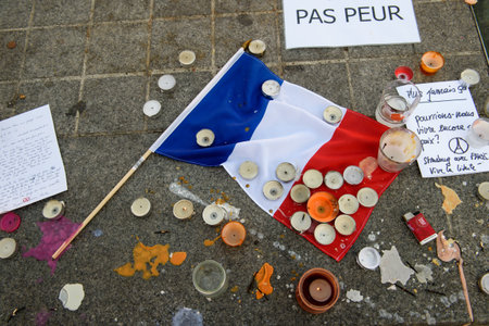 STRASBOURG, FRANCE - NOV 16, 2015: French flag, tricolore, messages, candles and flowers are left around General Kleber statue in memorial for the victims of the Paris Attacks.のeditorial素材