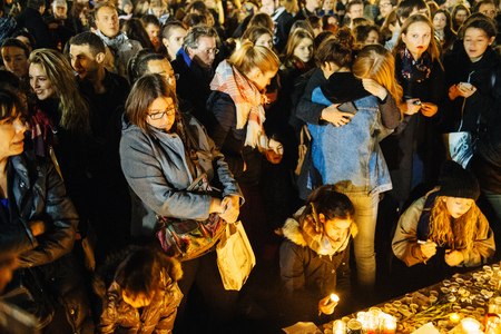 STRASBOURG, FRANCE - NOV 18, 2015: People gathering, placing flowers, messages and candles in center of Strasbourg, in solidarity for victims and families of the assault in Parisのeditorial素材