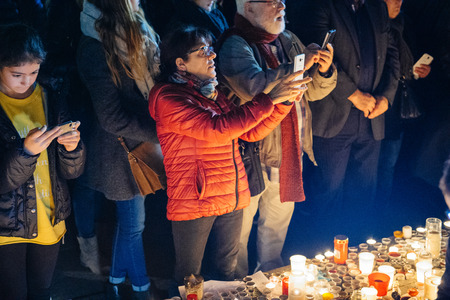 STRASBOURG, FRANCE - NOV 18, 2015: People gathering, placing flowers, messages and candles in center of Strasbourg, in solidarity for victims and families of the assault in Parisのeditorial素材