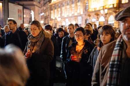 STRASBOURG, FRANCE - NOV 18, 2015: People gathering with candles in center of Strasbourg, in solidarity for victims and families of the assault in Parisのeditorial素材