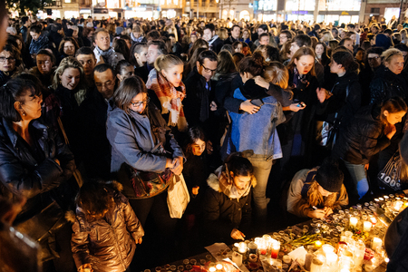 STRASBOURG, FRANCE - NOV 18, 2015: People gathering, placing flowers, messages and candles in center of Strasbourg, in solidarity for victims and families of the assault in Parisのeditorial素材