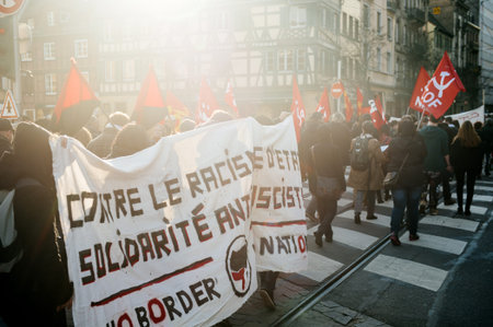 STRASBOURG, FRANCE - FEB 6, 2016: Protesters marching in the center of Alsacian city during a...