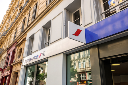 MARSEILLE, FRANCE - JUL 18, 2014: Air France travel and ticket agency office seen on the streets of Marseille with typical French architecture in the backgroundのeditorial素材