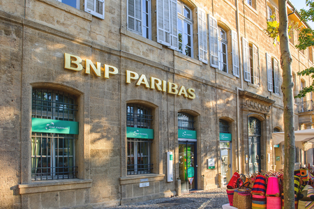 AIX-EN-PROVENCE, FRANCE - JUL 17, 2014: BNP PAribas main entrance in the Provence bank branch. BNP Paribas is a French multinational bank and financial services company with global headquarters in Paris and is one of the largest banks in the world.のeditorial素材