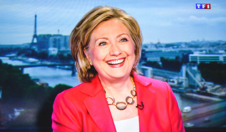PARIS, FRANCE - JULY 07, 2014: First appearance of Hilary Clinton on national French television channel TF1 after meeting Vladimir Putin, Russian Presidentのeditorial素材