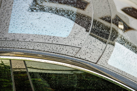 Tesla Motors model S sedan electric car top roof glass covered with rain drops as seen from above on June 29, 2014 in Paris.のeditorial素材