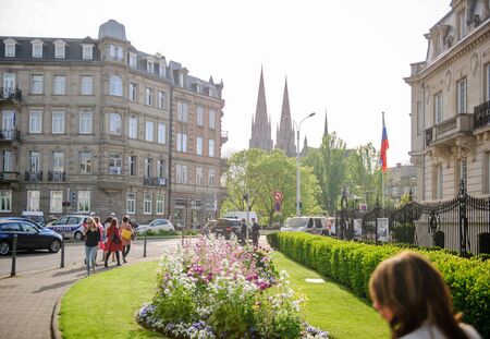 Russian Federation Consulate in Strasbourg being protected by Special Police Forces on abeautiful spring warm dayのeditorial素材