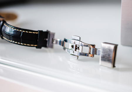 Leather and metallic watch strap - defocused view tilt-shift lensの写真素材