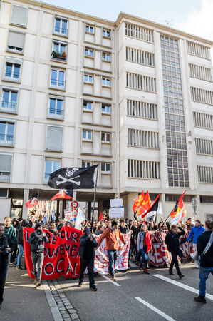 STRASBOURG, FRANCE - 9 MAR 2016: Closed residentaial area as thousands of people demonstrate as part of nationwide day of protest against proposed labor reforms by Socialist Governmentのeditorial素材