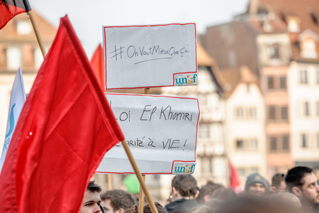 STRASBOURG, FRANCE - 9 MAR 2016: Thousands of people demonstrate in Place Kleber as part of nationwide day of protest against proposed labor reforms by Socialist Governmentのeditorial素材