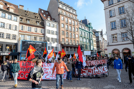 STRASBOURG, FRANCE - 9 MAR 2016: Thousands of people demonstrate in Place Kleber as part of nationwide day of protest against proposed labor reforms by Socialist Governmentのeditorial素材