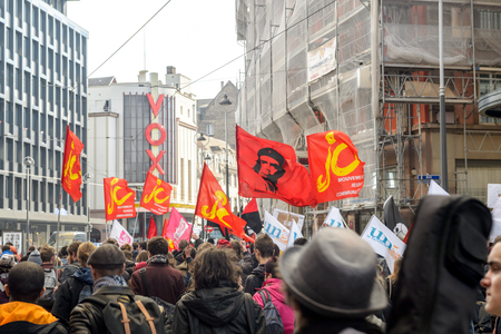 STRASBOURG, FRANCE - 9 MAR 2016: Center of Strasbourg closed as thousands of people demonstrate as part of nationwide day of protest against proposed labor reforms by Socialist Governmentのeditorial素材