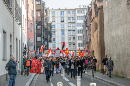 STRASBOURG, FRANCE - 9 MAR 2016: Closed residentaial area as thousands of people demonstrate as part of nationwide day of protest against proposed labor reforms by Socialist Governmentのeditorial素材