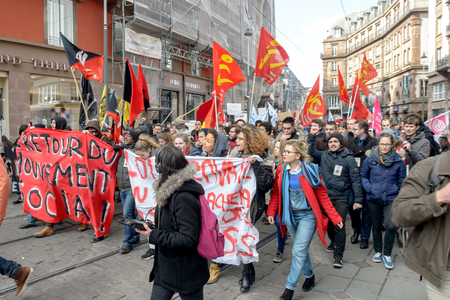 STRASBOURG, FRANCE - 9 MAR 2016: Closed city center as thousands of people demonstrate as part of nationwide day of protest against proposed labor reforms by Socialist Governmentのeditorial素材
