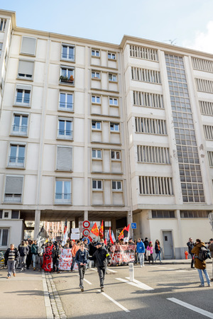 STRASBOURG, FRANCE - 9 MAR 2016: Closed residentaial area as thousands of people demonstrate as part of nationwide day of protest against proposed labor reforms by Socialist Governmentのeditorial素材