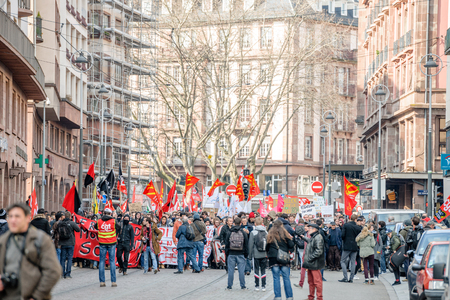 STRASBOURG, FRANCE - 9 MAR 2016: People blocking street city center as part of nationwide day of protest against proposed labor reforms by Socialist Governmentのeditorial素材