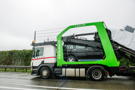 HUNGARY - SEPTEMBER 18, 2013: New luxury Mercedes-Benz G-Class SUV cars being transported on a...