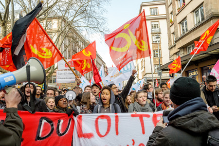 STRASBOURG, FRANCE - 9 MAR 2016: Closed city center as thousands of people demonstrate as part of nationwide day of protest against proposed labor reforms by Socialist Governmentのeditorial素材
