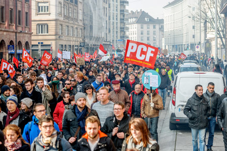 STRASBOURG, FRANCE - 9 MAR 2016:  Closed city center and stopped traffic as thousands of people...