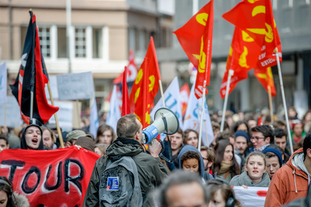 STRASBOURG, FRANCE - 9 MAR 2016:  as thousands of people demonstrate as part of nationwide day of protest against proposed labor reforms by Socialist Governmentのeditorial素材
