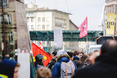 STRASBOURG, FRANCE - 9 MAR 2016: Blocked city center as thousands of people demonstrate as part of nationwide day of protest against proposed labor reforms by Socialist Governmentのeditorial素材