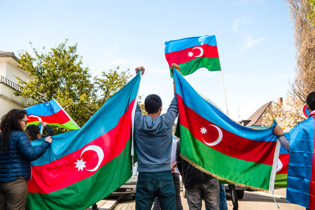 STRASBOURG, FRANCE - APR 8, 2016: Azerbaijani diaspora protest outside Azerbaijan Embassy against the 2013 clashes in Nagorny-Karabakh, the region disputed by Armenia and Azerbaijan Afterのeditorial素材
