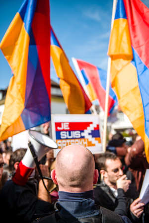STRASBOURG, FRANCE - APR 8, 2016: Armenian diaspora protest outside Azerbaijan Embassy against the 2016 clashes in Nagorny-Karabakh, the region disputed by Armenia and Azerbaijanのeditorial素材