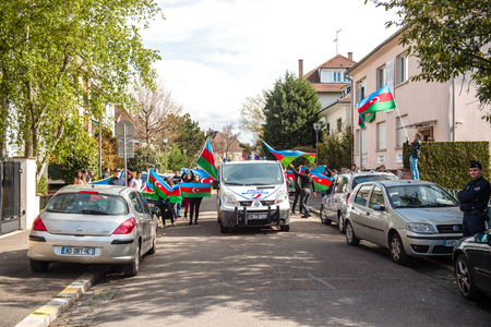 STRASBOURG, FRANCE - APR 8, 2016: Azerbaijani diaspora protest outside Azerbaijan Embassy against the 2013 clashes in Nagorny-Karabakh, the region disputed by Armenia and Azerbaijan Afterのeditorial素材