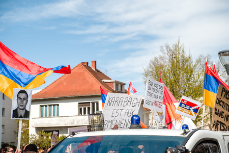 STRASBOURG, FRANCE - APR 8, 2016: Armenian diaspora protest outside Azerbaijan Embassy against the 2016 clashes in Nagorny-Karabakh, the region disputed by Armenia and Azerbaijanのeditorial素材