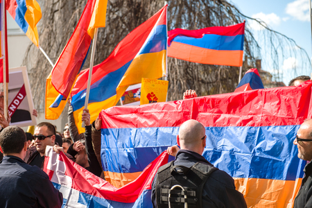 STRASBOURG, FRANCE - APR 8, 2016: Armenian diaspora protest outside Azerbaijan Embassy against the 2016 clashes in Nagorny-Karabakh, the region disputed by Armenia and Azerbaijanのeditorial素材