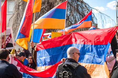 STRASBOURG, FRANCE - APR 8, 2016: Armenian diaspora protest outside Azerbaijan Embassy against the 2016 clashes in Nagorny-Karabakh, the region disputed by Armenia and Azerbaijanのeditorial素材