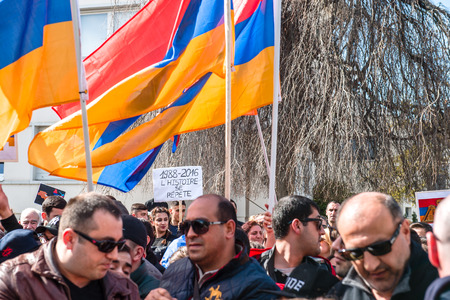 STRASBOURG, FRANCE - APR 8, 2016: Armenian diaspora protest outside Azerbaijan Embassy against the 2016 clashes in Nagorny-Karabakh, the region disputed by Armenia and Azerbaijanのeditorial素材