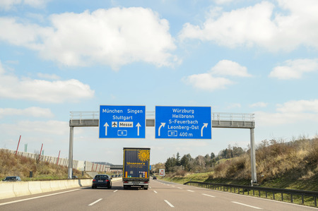 GERMANY - MAR 26, 2016: Bundesautobahn or Federal Motorway highway street signsign. It runs through the German states of Hessen and Baden-WÃÂ¼rttemberg and connects on its southern ending to the Swiss A 2.Construction was started on 23 September 1933 by のeditorial素材
