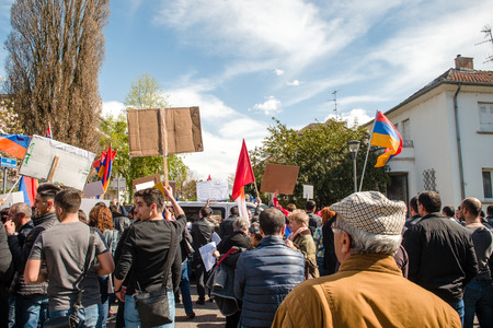Armenian diaspora protest outside Azerbaijan Embassy against the 2016 clashes in Nagorny-Karabakh, the region disputed by Armenia and Azerbaijan.のeditorial素材