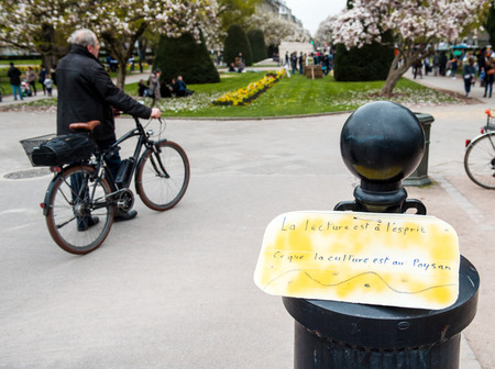 STRASBOURG, FRANCE - APR 9, 2016: Protest palcards at the entrance in Place de la Republique 'Nuit Debout' or 'Standing night' movement in the centerof Strasbourg, Franceのeditorial素材
