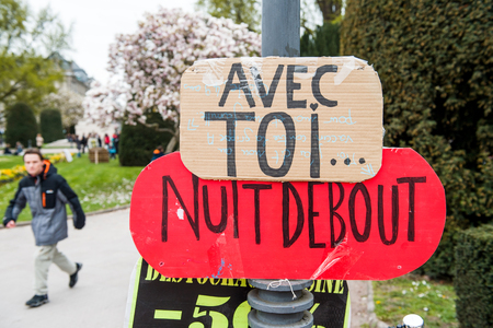 STRASBOURG, FRANCE - APR 9, 2016: Protest palcards at the entrance in Place de la Republique 'Nuit Debout' or 'Standing night' movement in the centerof Strasbourg, Franceのeditorial素材
