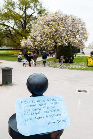 STRASBOURG, FRANCE - APR 9, 2016: Protest palcards at the entrance in Place de la Republique 'Nuit Debout' or 'Standing night' movement in the centerof Strasbourg, Franceのeditorial素材