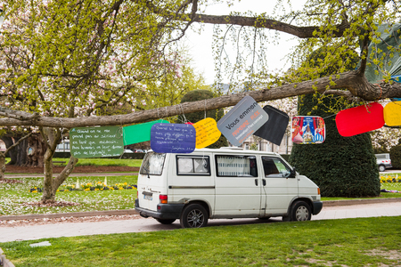 STRASBOURG, FRANCE - APR 9, 2016: Messages on tree at the 'Nuit Debout' or 'Standing night' movement at the Place de la Republique in Strasbourgのeditorial素材